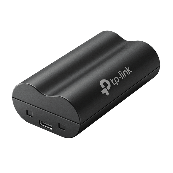 Tapo A100 security camera battery pack, angled view showing USB-C port