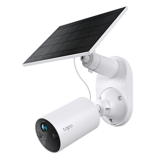 Tapo C410 KIT solar-powered security camera mounted with solar panel on wall bracket