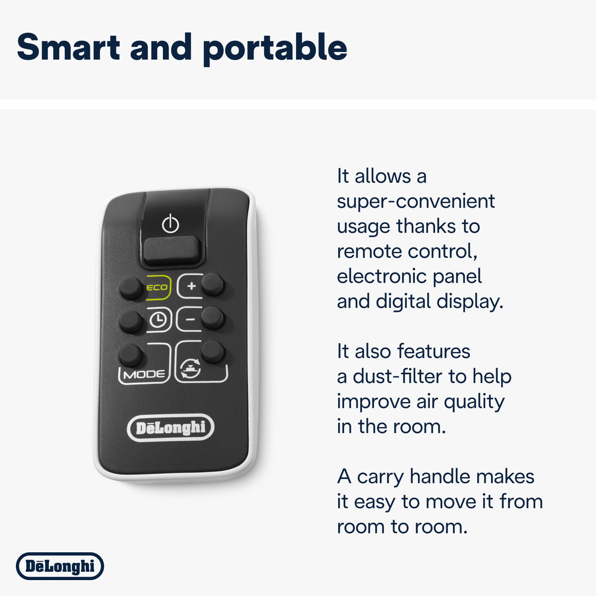 De'Longhi Tower Ceramic Fan Heater 2kW - remote control, display and dust filter
