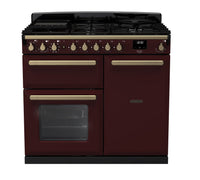 Rangemaster Estel Deluxe 100 Dual Fuel range cooker in Bordeaux with Antique Brass trim