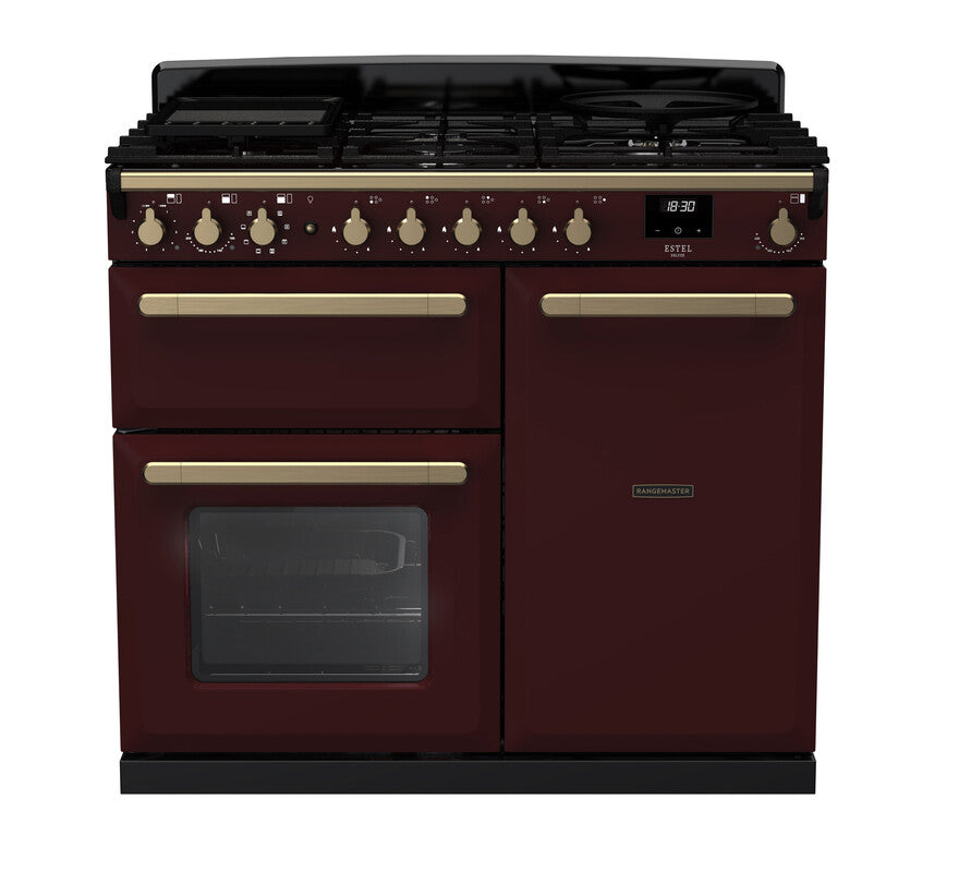 Rangemaster Estel Deluxe 100 Dual Fuel range cooker in Bordeaux with Antique Brass trim