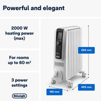 De'Longhi Dragon 4 2kW Oil-Filled Radiator - White - 2000W, three power settings and dimensions