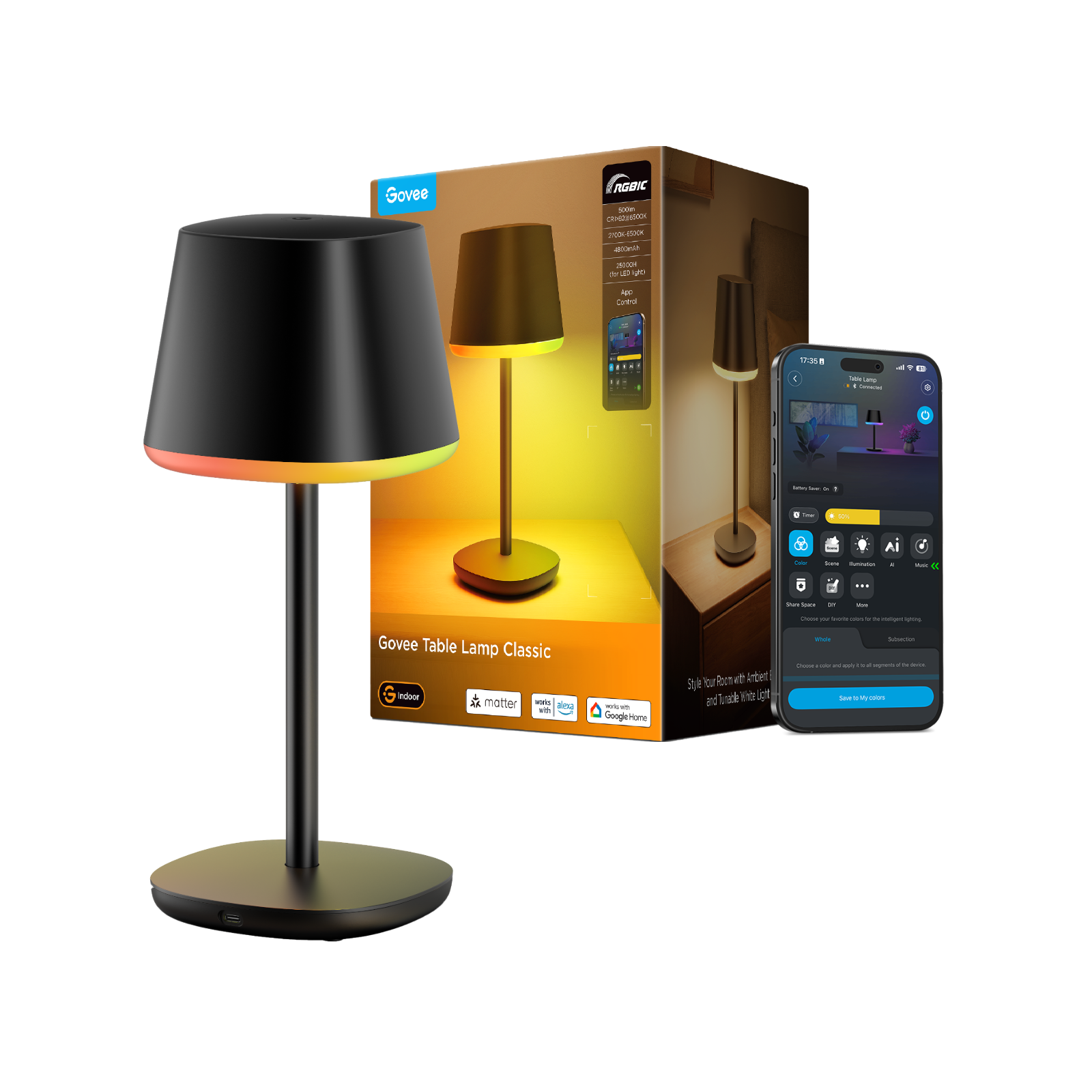 Govee Table Lamp Classic Cordless Smart Table Lamp Black - official product image