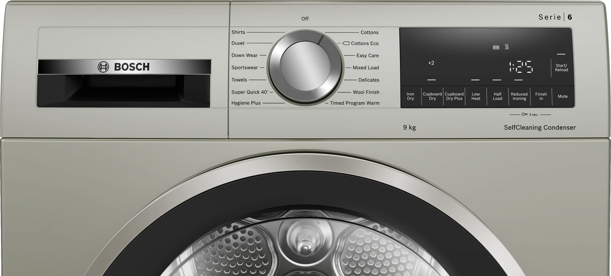 Bosch WQG245S9GB Series 6 9kg heat pump tumble dryer in Silver Inox