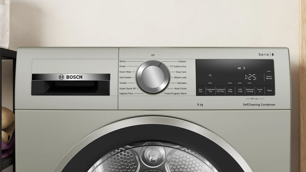 Bosch WQG245S9GB Series 6 9kg heat pump tumble dryer in Silver Inox