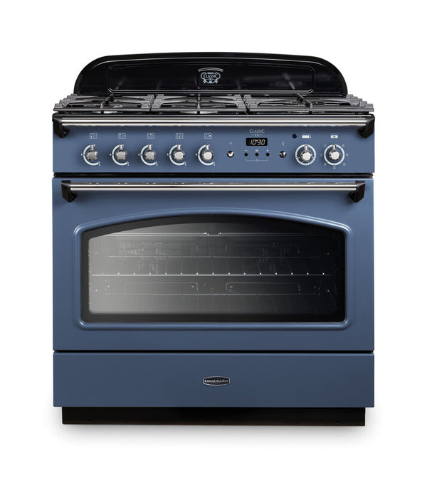 Rangemaster Classic FX 90 Dual Fuel range cooker in Stone Blue with Chrome trim