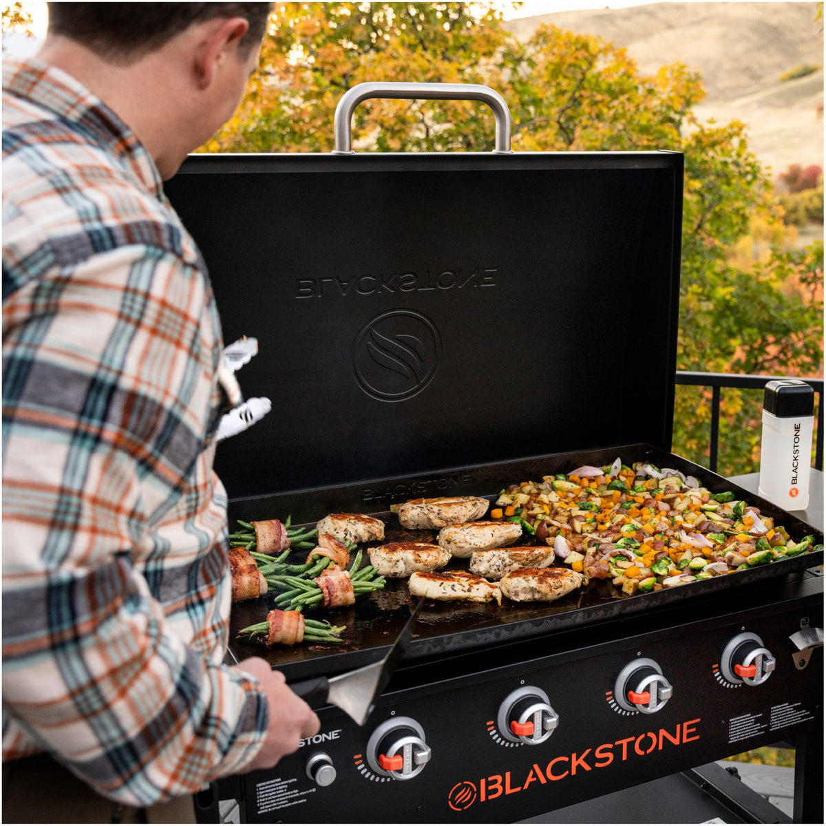 Blackstone Original 36" Griddle with Hood, 4 Burner Gas Griddle - Black - cooking, over the shoulder