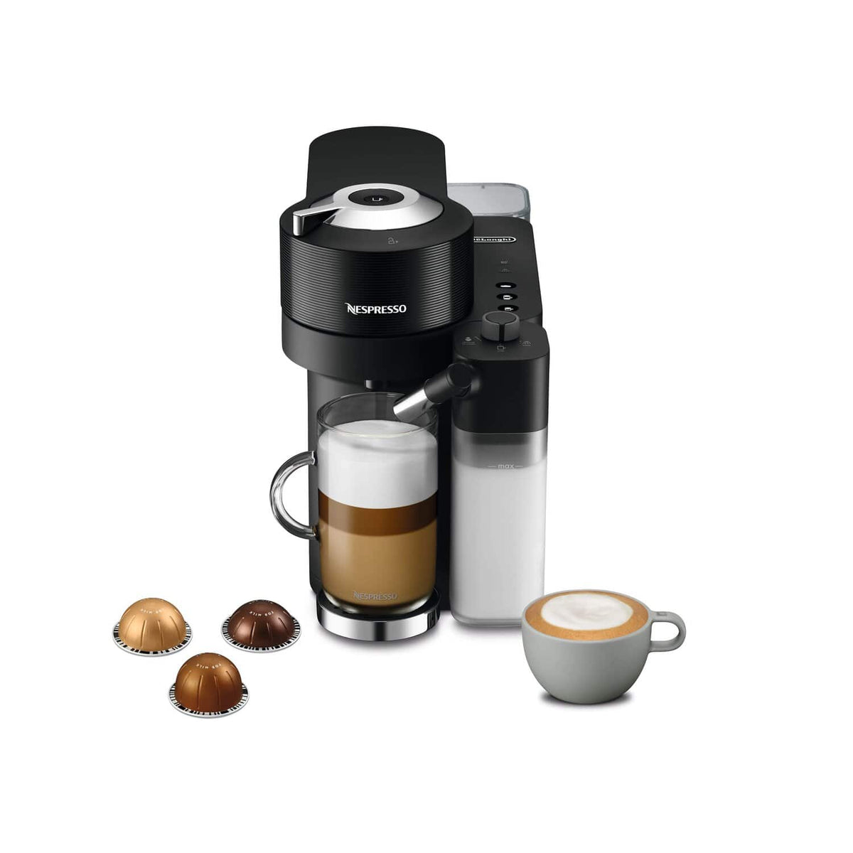 De'Longhi Nespresso Vertuo Lattissima Coffee Machine - Black - front view with cappuccino