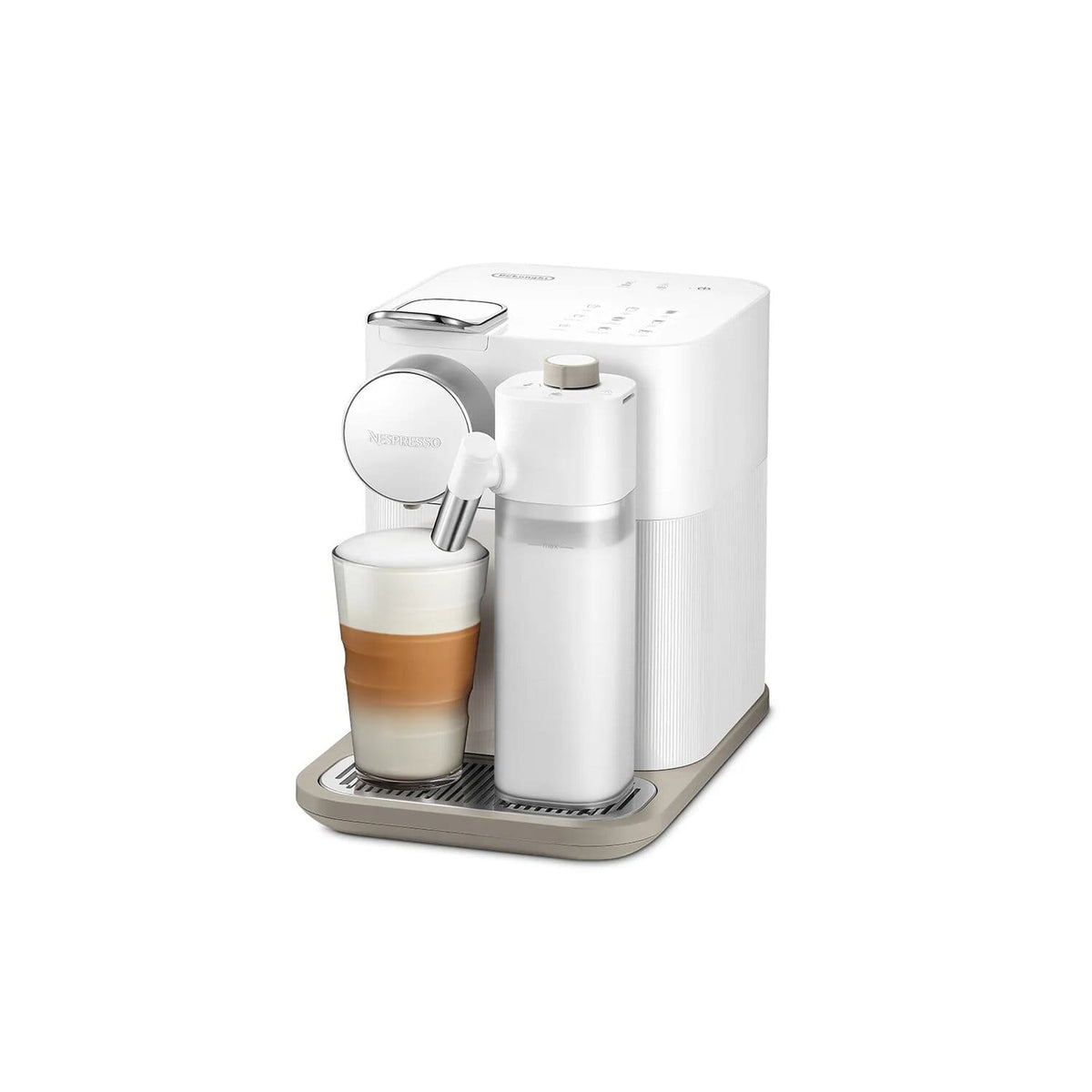 De'Longhi Nespresso Gran Lattissima Coffee Machine - White - with a latte macchiato