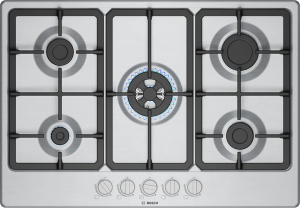 Bosch PGQ7B5K90 Series 4 75cm 5 burner gas hob with central wok burner in Stainless Steel
