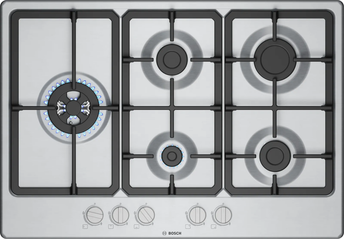 Bosch PGM7B5K90 Series 4 75cm 5 burner gas hob with wok burner in Stainless Steel