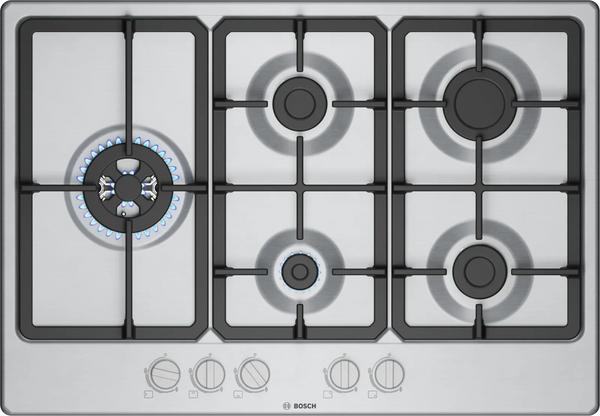 Bosch PGM7B5K90 Series 4 75cm 5 burner gas hob with wok burner in Stainless Steel