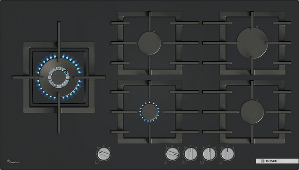 Bosch PPM9A6I40 Series 6 90cm 5 burner gas hob with wok burner in Black tempered glass