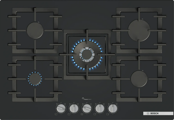 Bosch PPQ7A6I40 Series 6 75cm 5 burner gas hob with wok burner in Black tempered glass