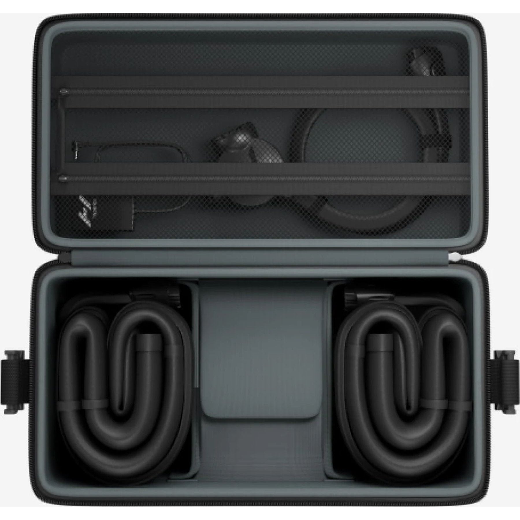 Hyperice Normatec Carry Case, black, open interior hose compartments (empty)