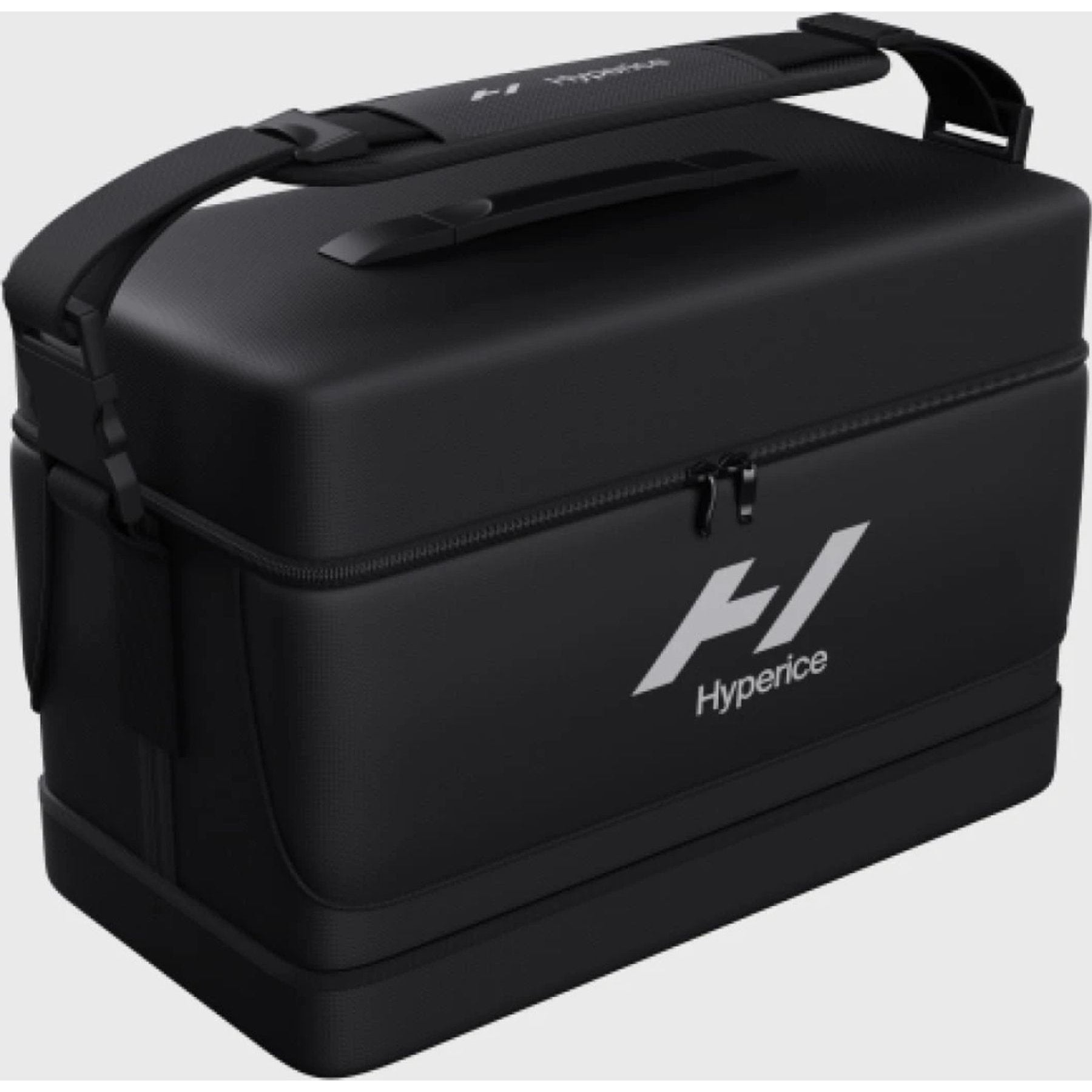 Hyperice Normatec Carry Case, black, closed exterior with carry handle and shoulder strap