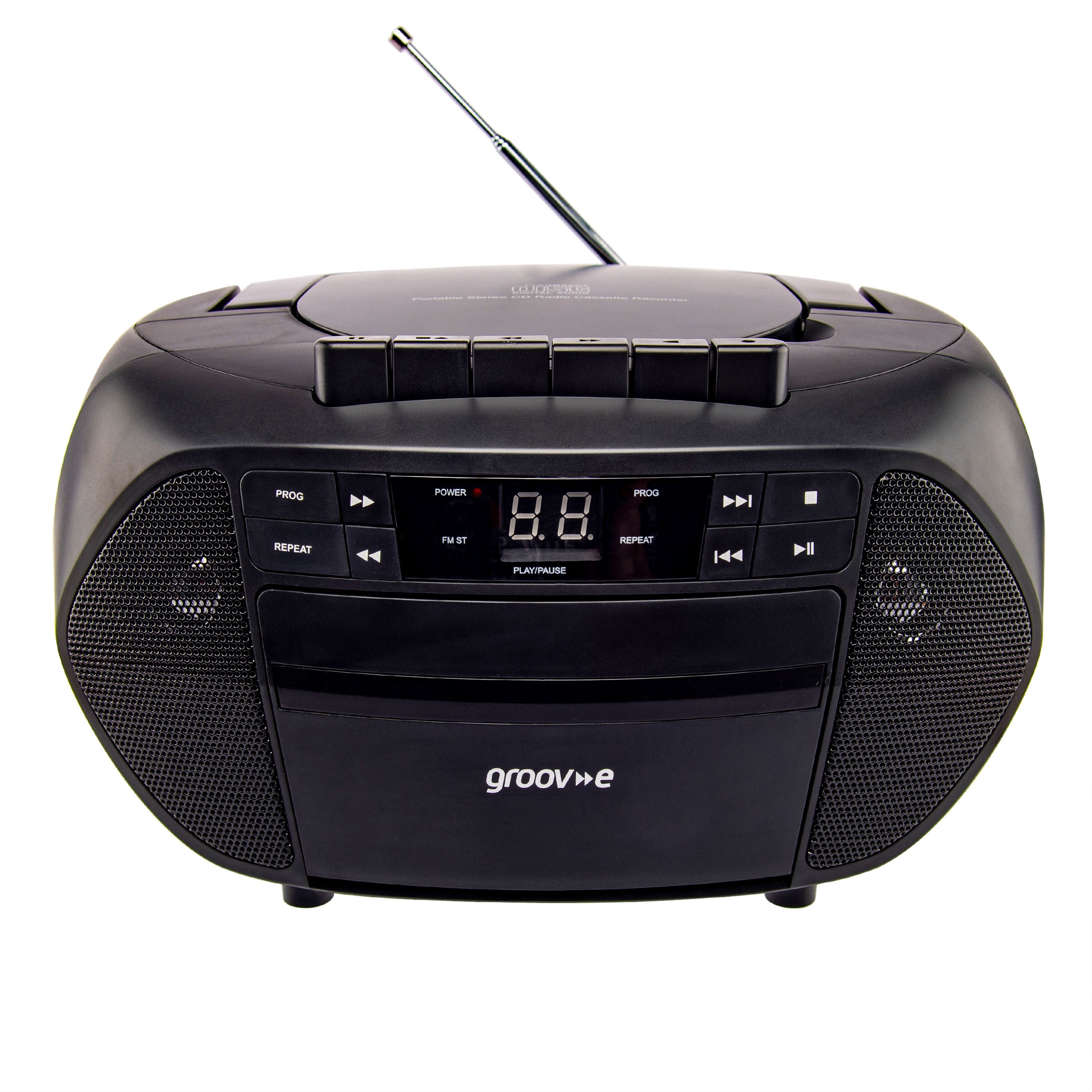 Groov-e Traditional Boombox CD Cassette and FM Radio Black - official product image