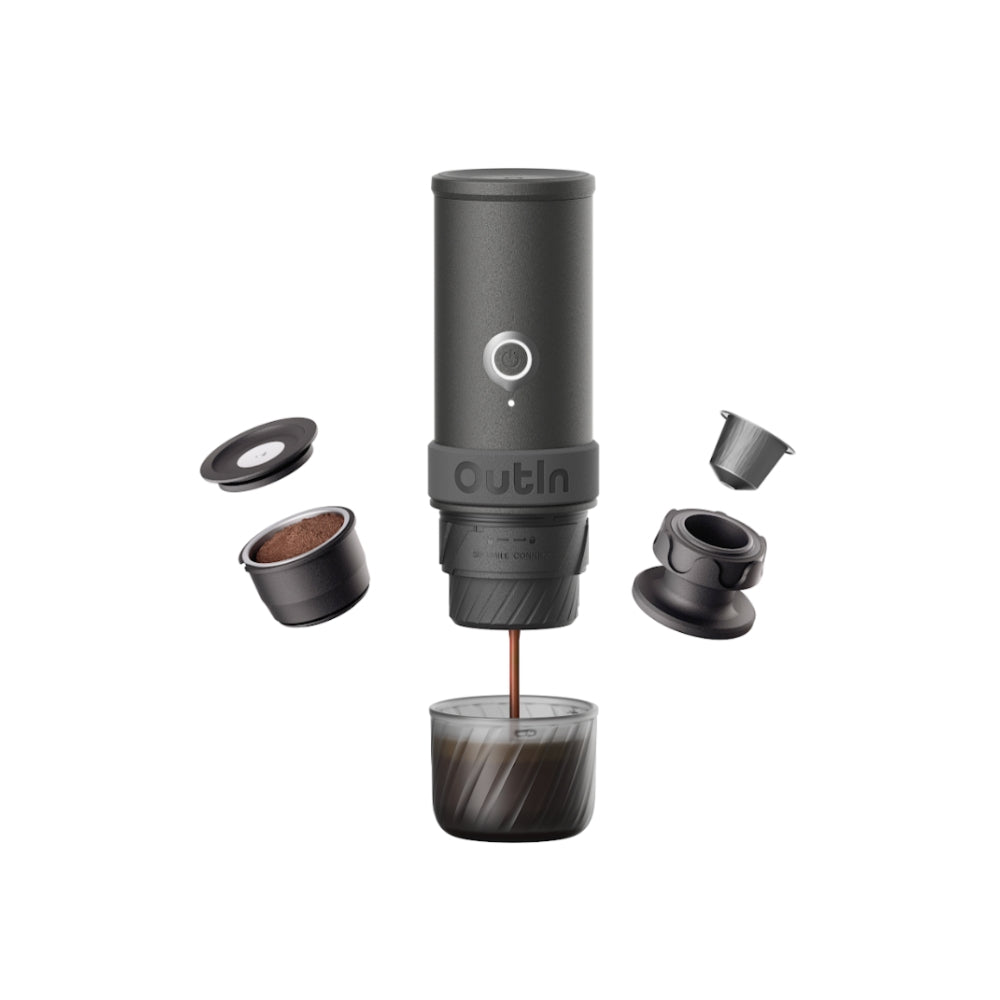 Outin Mino portable electric espresso machine in Space Grey with capsule adapter, filter basket and coffee cup
