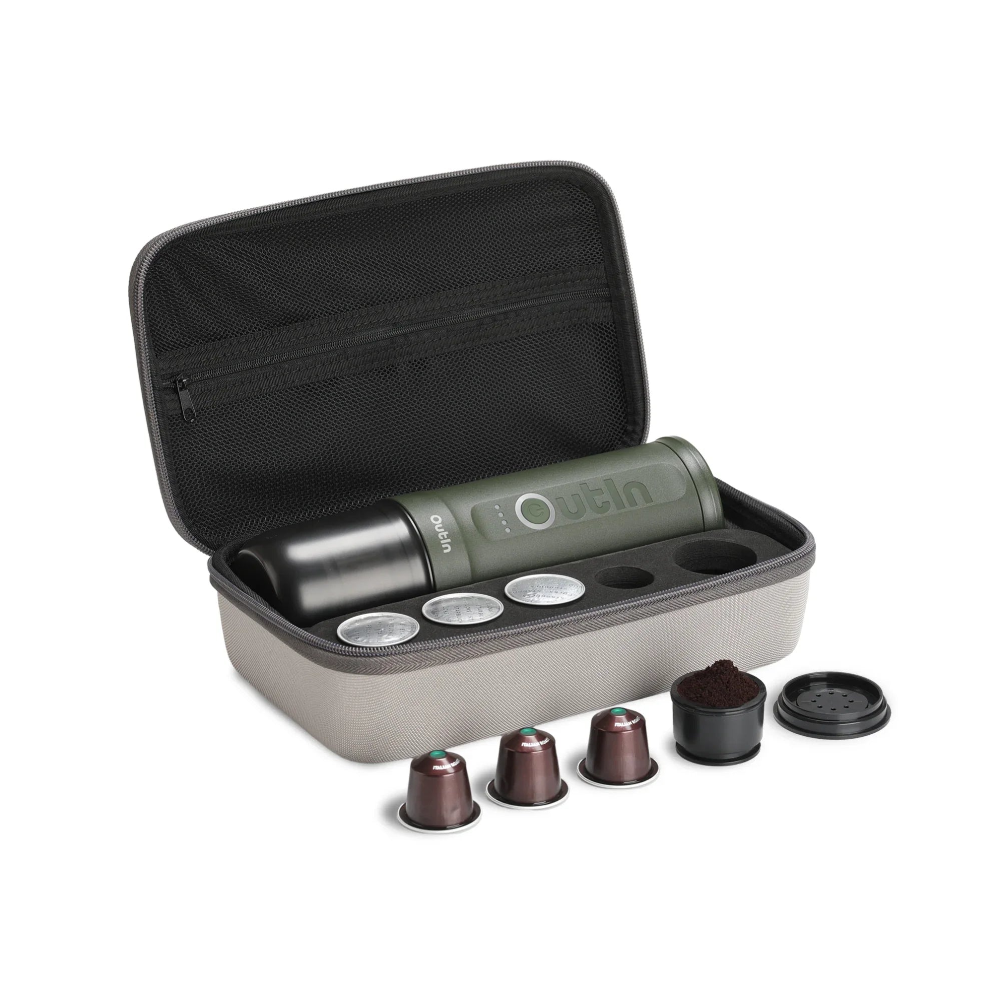 Outin Nano Forest Green portable espresso machine beside its Nano Protective Case with capsule storage