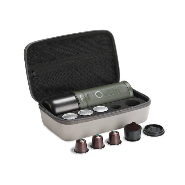 Outin Nano Forest Green portable espresso machine beside its Nano Protective Case with capsule storage