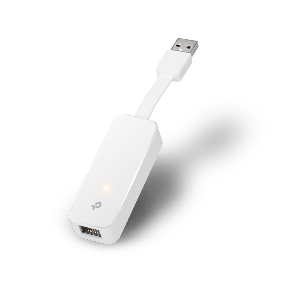 TP-Link UE300 USB 3.0 to Gigabit Ethernet Adapter — angled view with cable