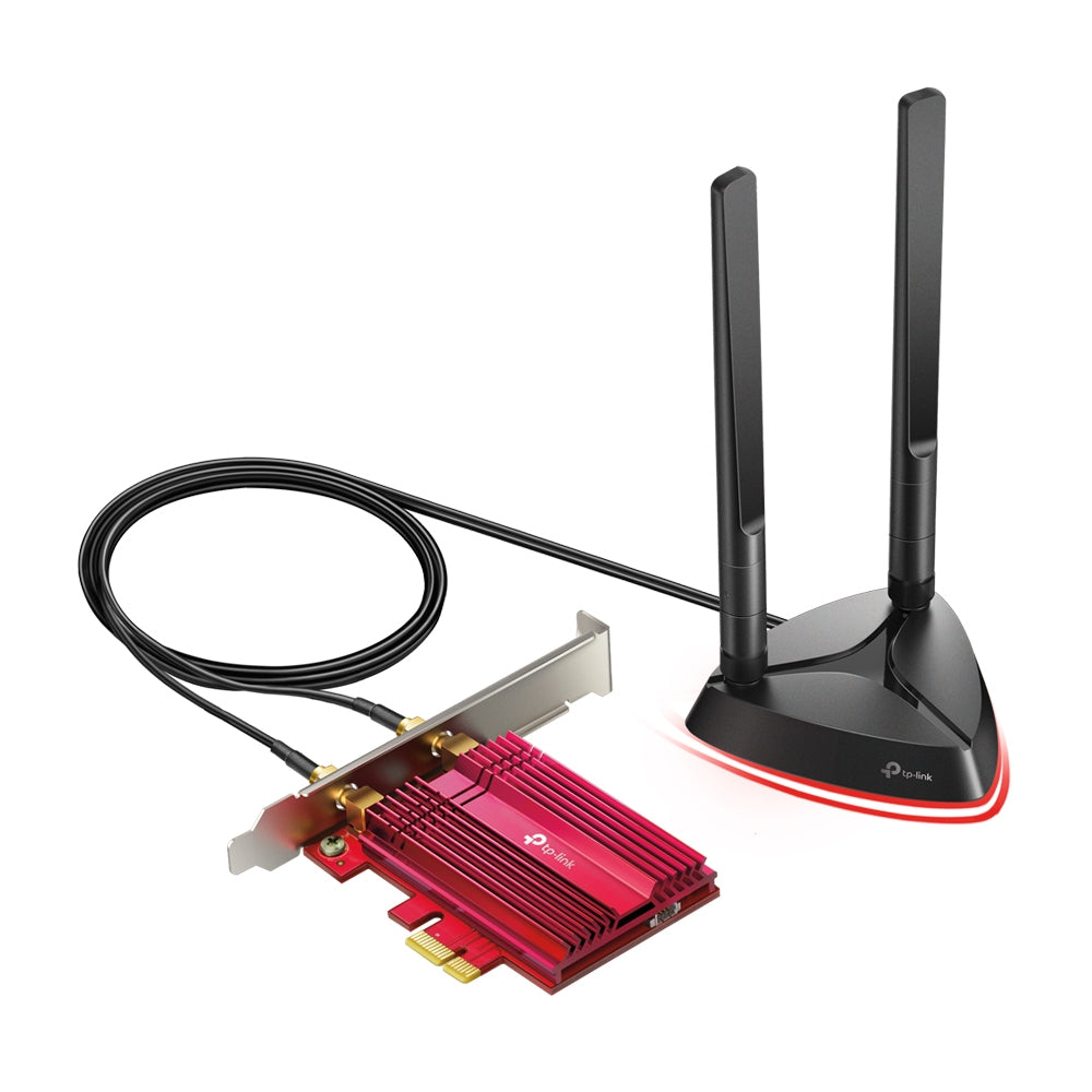 TP-Link Archer TX3000E AX3000 Wi-Fi 6 Bluetooth 5.0 PCI Express Adapter — angled view showing connecting cable and LED glow