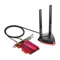 TP-Link Archer TX3000E AX3000 Wi-Fi 6 Bluetooth 5.0 PCI Express Adapter — angled view showing connecting cable and LED glow