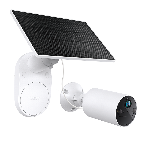 Tapo C410 KIT solar-powered security camera and panel, angled view
