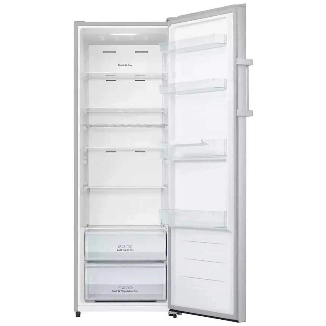 Hisense 322L Tall Fridge - Inox Look - door open showing empty shelves and crisper drawers