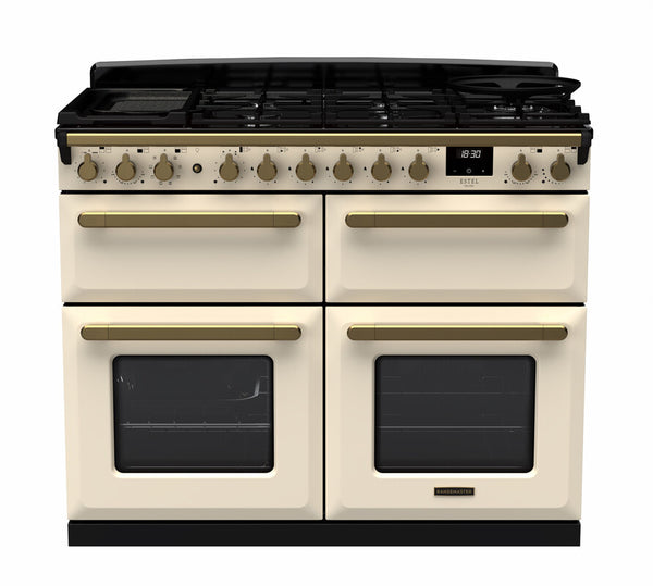 Rangemaster Estel Deluxe 110 Dual Fuel range cooker in Pale Cream with Antique Brass trim
