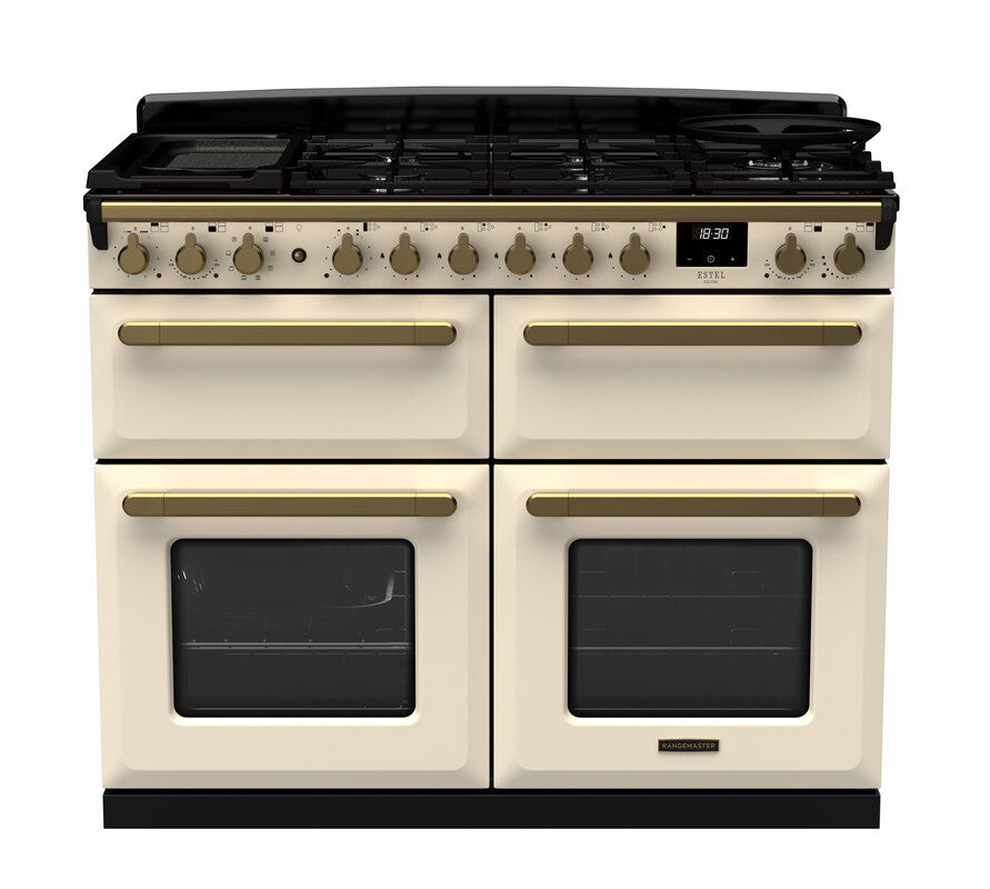 Rangemaster Estel Deluxe 110 Dual Fuel range cooker in Pale Cream with Antique Brass trim