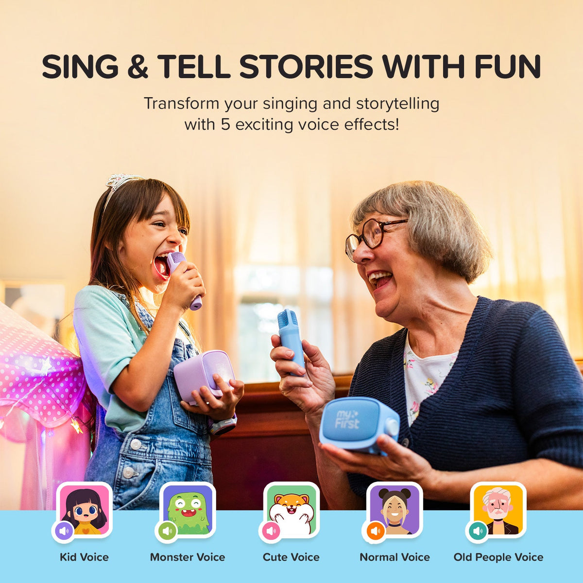 myFirst Voice 2 Kids Karaoke Speaker with Wireless Microphone - Blue - family singing with five voice effects