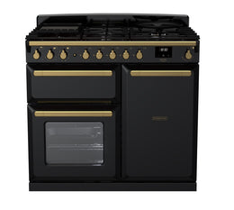 Rangemaster Estel Deluxe 100cm Dual Fuel Range Cooker - Gloss Black with Brass Trim | ESDL100DFPGBL/AB1