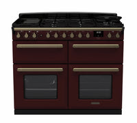 Rangemaster Estel Deluxe 110 Dual Fuel range cooker in Bordeaux with Antique Brass trim