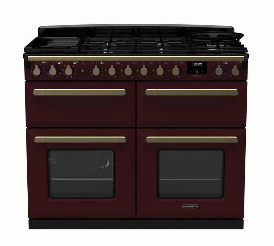 Rangemaster Estel Deluxe 110 Dual Fuel range cooker in Bordeaux with Antique Brass trim