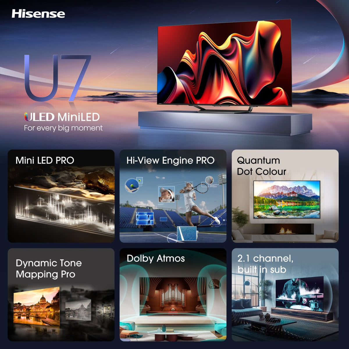 Hisense U7Q 55" Mini-LED PRO ULED 4K 144Hz Smart TV (2026) - picture features