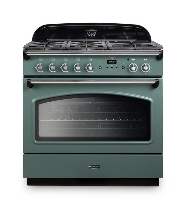 Rangemaster Classic FX 90 Dual Fuel range cooker in Mineral Green with Chrome trim