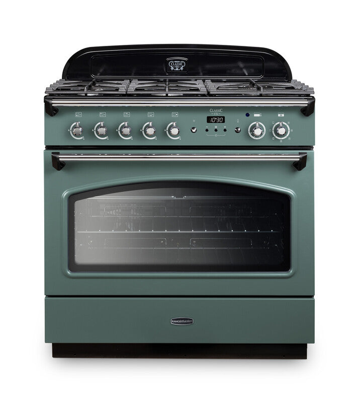 Rangemaster Classic FX 90 Dual Fuel range cooker in Mineral Green with Chrome trim