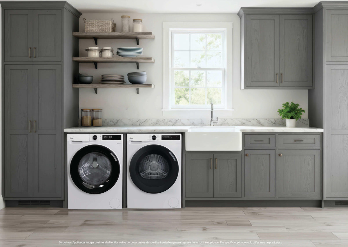 Hoover Pro Dry Series 3 9kg Heat Pump Tumble Dryer - White - with the matching washer in a utility room