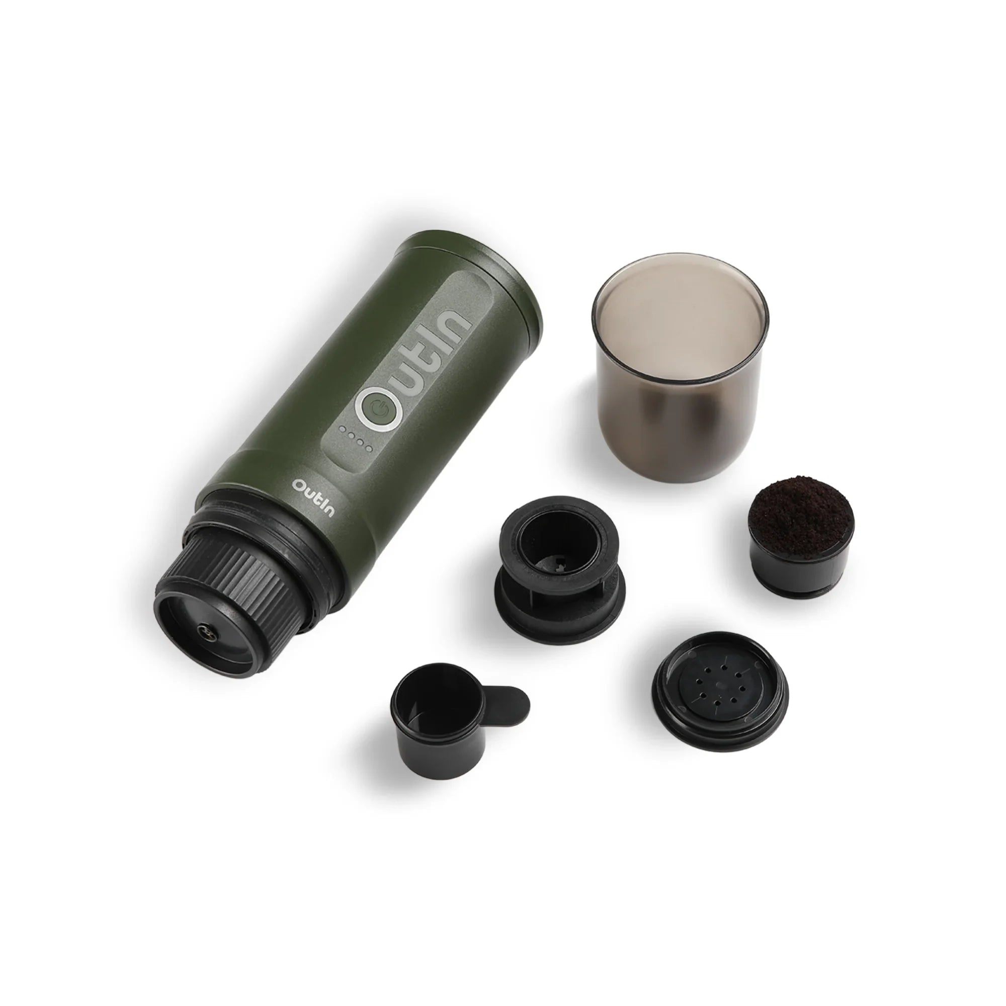 Outin Nano Forest Green portable espresso machine beside its Nano Protective Case with capsule storage