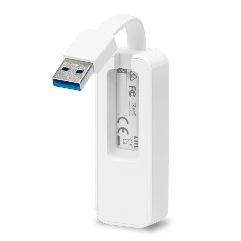 TP-Link UE300 USB 3.0 to Gigabit Ethernet Adapter — angled view showing model label