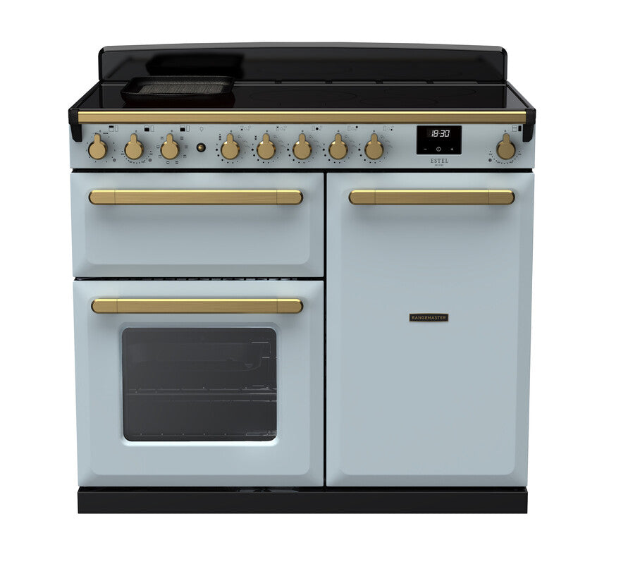 Rangemaster Estel Deluxe 100 Induction range cooker in Misty Blue with Brass trim