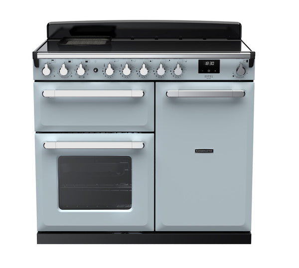 Rangemaster Estel Deluxe 100 Induction range cooker in Misty Blue with Chrome trim