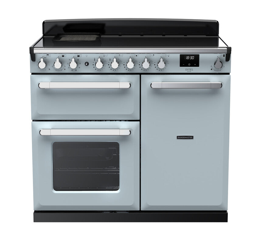Rangemaster Estel Deluxe 100 Induction range cooker in Misty Blue with Chrome trim