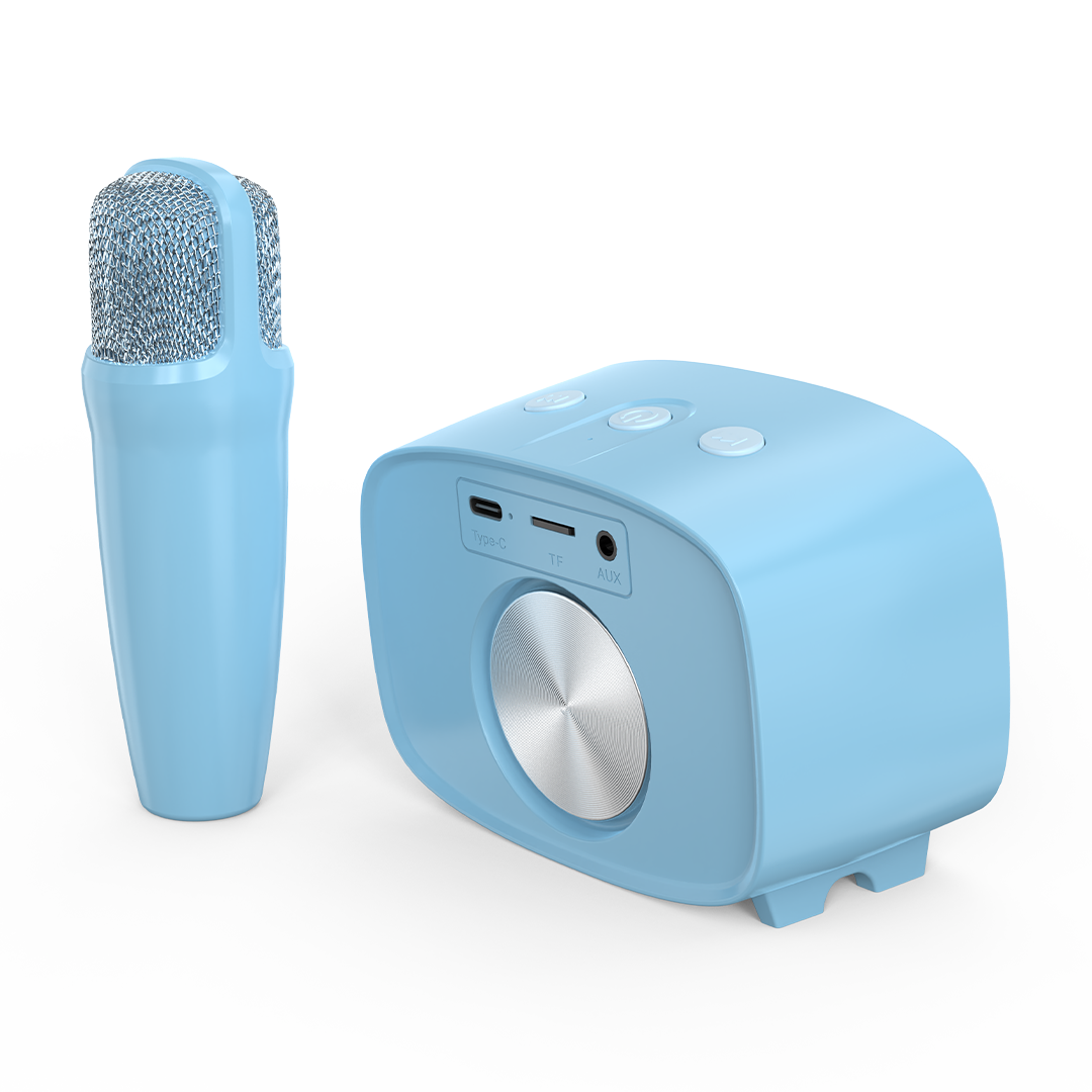 myFirst Voice 2 Kids Karaoke Speaker with Wireless Microphone - Blue - rear view with USB-C, microSD and AUX