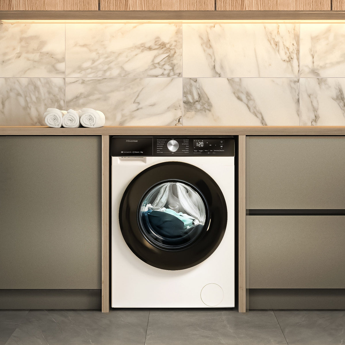 Hisense 3S Series 8kg 1400rpm Washing Machine - White - in a kitchen
