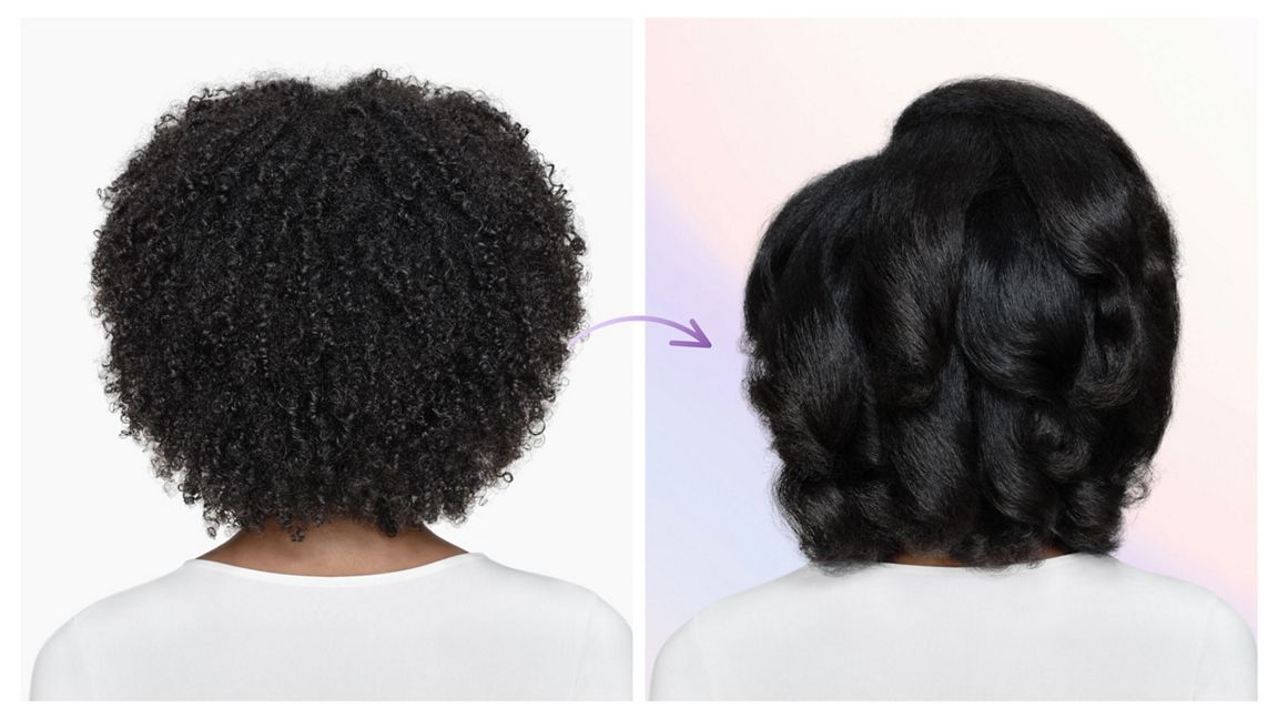 Dyson Airsmooth Hot Styling Brush - Ceramic Pink/Rose Gold - before and after, coily hair