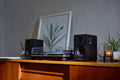 Audio-Technica AT-SP3X black powered speakers lifestyle view