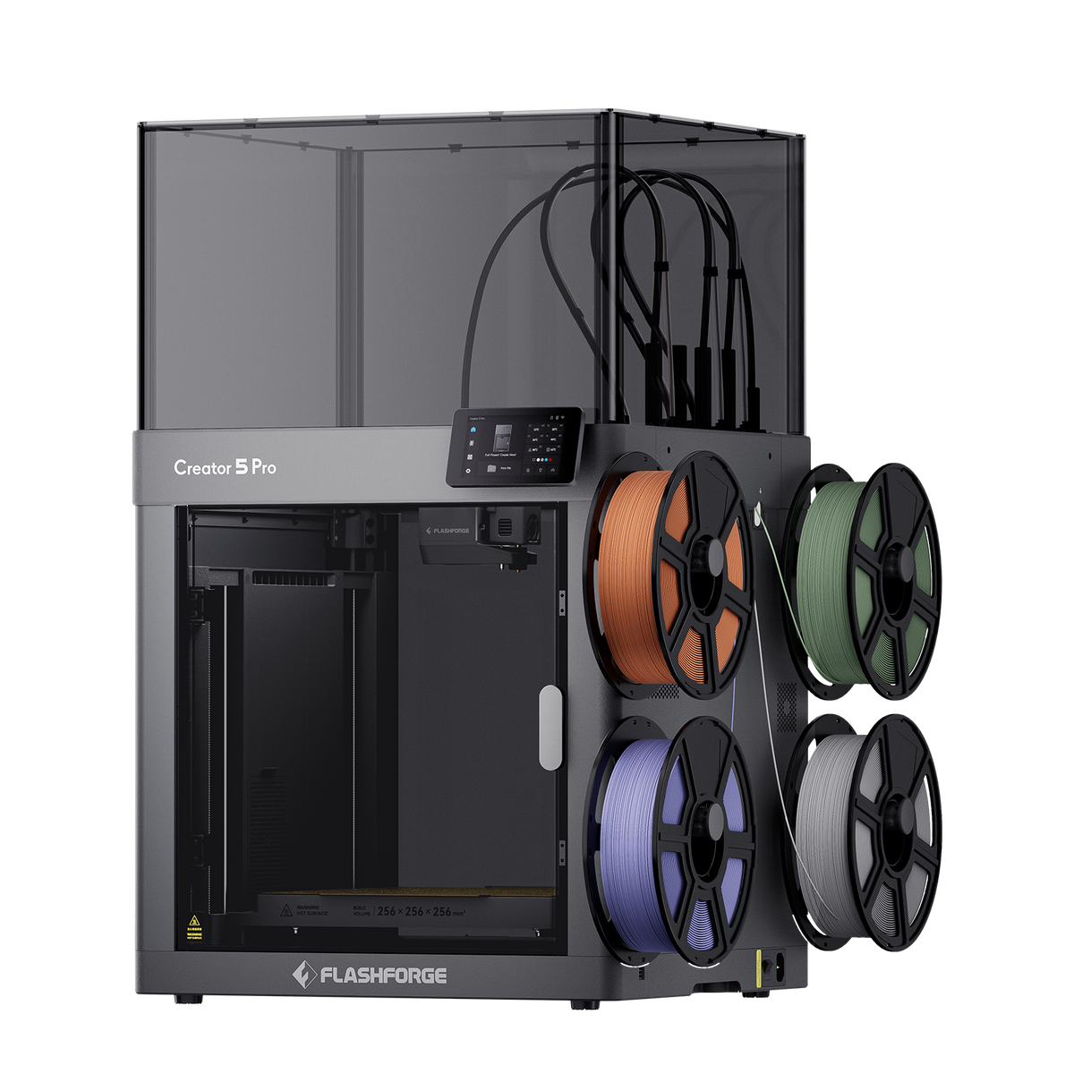 Flashforge Creator 5 Pro Enclosed Four-Toolhead 3D Printer - with four filament spools