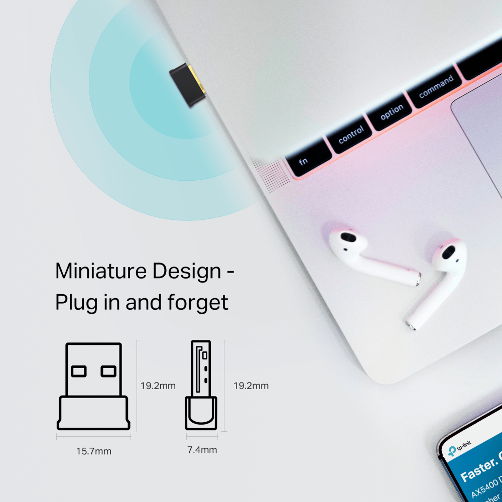 TP-Link Archer T2UB Nano AC600 Nano Dual Band Wi-Fi Bluetooth 4.2 USB Adapter — in-context dimension photo on laptop with earbuds